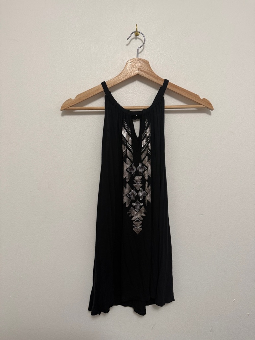 INC International Concepts Black Sequin Aztec Print Halter Style Keyhole Tank